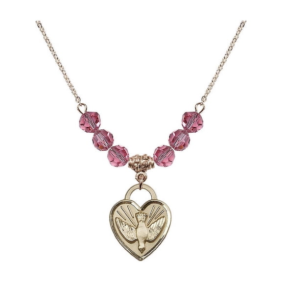 18-Inch Hamilton Gold Plated Necklace with 6mm Rose Pink October Birth Month Stone Beads and Confirmation Heart Charm
