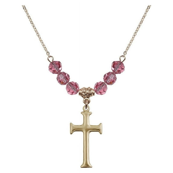 18-Inch Hamilton Gold Plated Necklace with 6mm Rose Pink October Birth Month Stone Beads and Cross Charm