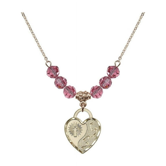 18-Inch Hamilton Gold Plated Necklace with 6mm Rose Pink October Birth Month Stone Beads and Footprints Heart Charm