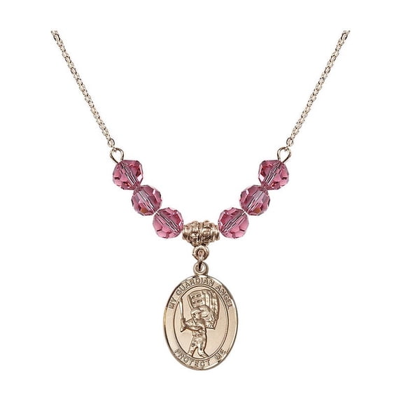 18-Inch Hamilton Gold Plated Necklace with 6mm Rose Pink October Birth Month Stone Beads and Guardian Angel/Baseball Charm