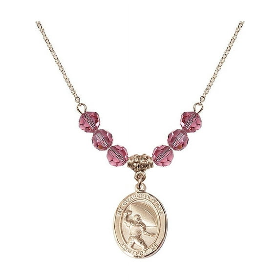 18-Inch Hamilton Gold Plated Necklace with 6mm Rose Pink October Birth Month Stone Beads and Guardian Angel/Football Charm