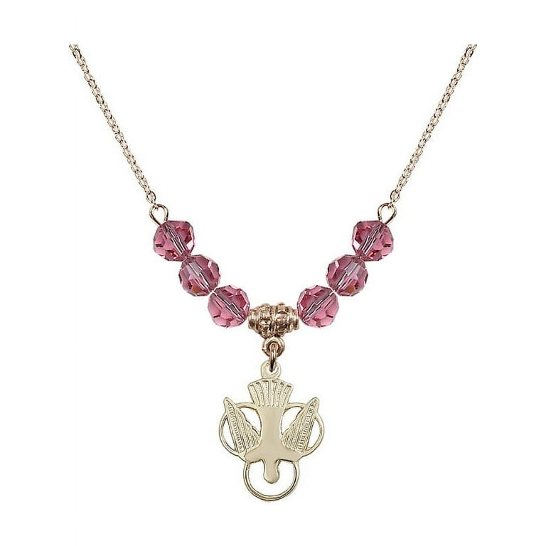18-Inch Hamilton Gold Plated Necklace with 6mm Rose Pink October Birth  Month Stone Beads and Holy Spirit Charm
