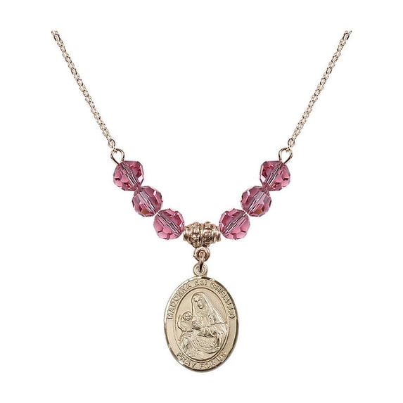 18-Inch Hamilton Gold Plated Necklace with 6mm Rose Pink October Birth Month Stone Beads and Madonna del Ghisallo Charm