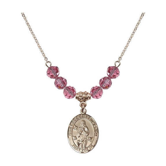 18-Inch Hamilton Gold Plated Necklace with 6mm Rose Pink October Birth Month Stone Beads and Our Lady of Assumption Charm