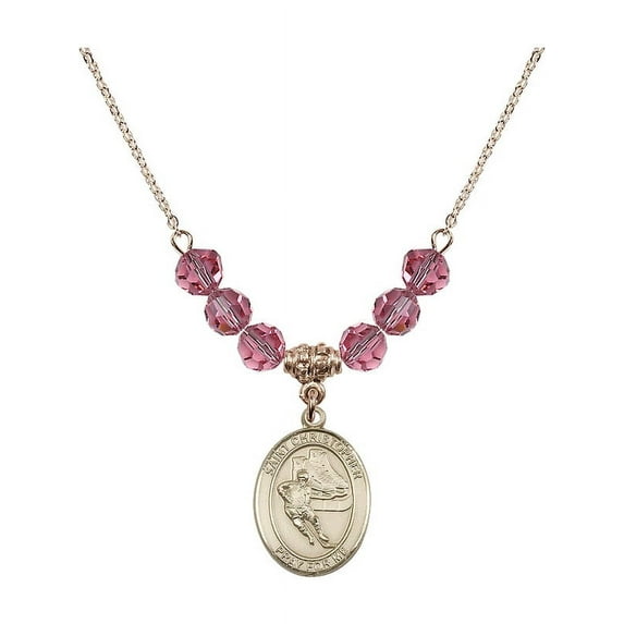 18-Inch Hamilton Gold Plated Necklace with 6mm Rose Pink October Birth Month Stone Beads and Saint Christopher/Hockey Charm