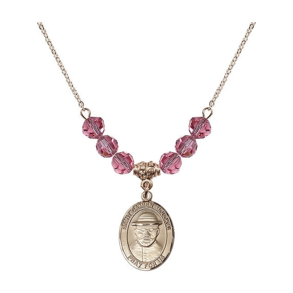 18-Inch Hamilton Gold Plated Necklace with 6mm Rose Pink October Birth Month Stone Beads and Saint Damien of Molokai Charm