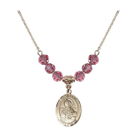18-Inch Hamilton Gold Plated Necklace with 6mm Rose Pink October Birth Month Stone Beads and Saint Daria Charm