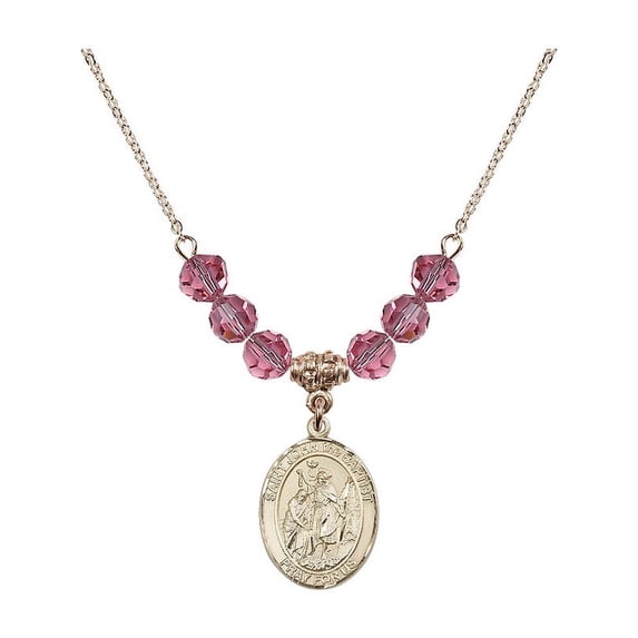 18-Inch Hamilton Gold Plated Necklace with 6mm Rose Pink October Birth Month Stone Beads and Saint John the Baptist Charm