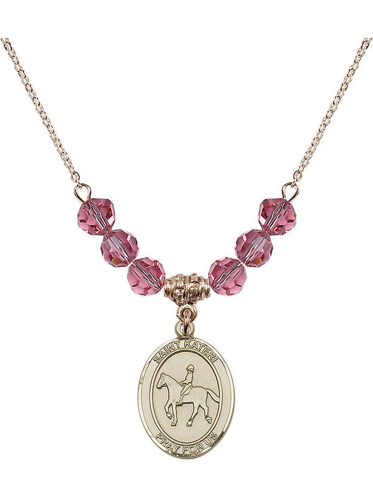 18-Inch Hamilton Gold Plated Necklace with 6mm Rose Pink October Birth Month Stone Beads and Saint Kateri/Equestrian Charm