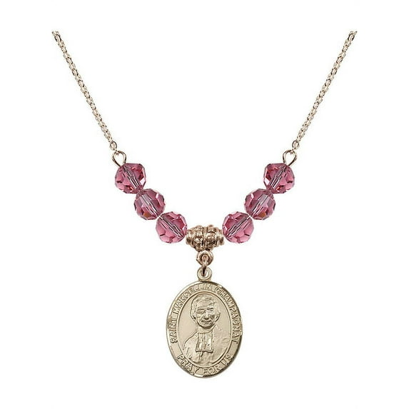 18-Inch Hamilton Gold Plated Necklace with 6mm Rose Pink October Birth Month Stone Beads and Saint Marcellin Champagnat Charm