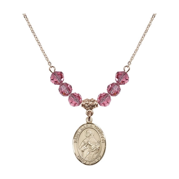 18-Inch Hamilton Gold Plated Necklace with 6mm Rose Pink October Birth Month Stone Beads and Saint Maria Goretti Charm
