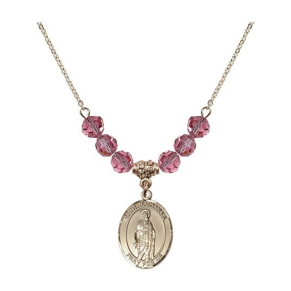 18-Inch Hamilton Gold Plated Necklace with 6mm Rose Pink October Birth Month Stone Beads and Saint Nathanael Charm