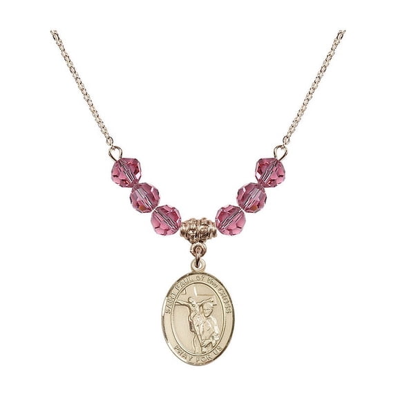 18-Inch Hamilton Gold Plated Necklace with 6mm Rose Pink October Birth Month Stone Beads and Saint Paul of the Cross Charm