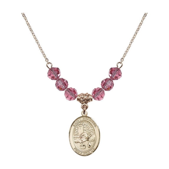 18-Inch Hamilton Gold Plated Necklace with 6mm Rose Pink October Birth Month Stone Beads and Saint Rosalia Charm
