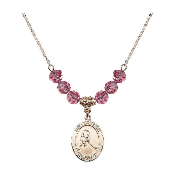 18-Inch Hamilton Gold Plated Necklace with 6mm Rose Pink October Birth Month Stone Beads and Saint Sebastian/Ice Hockey Charm