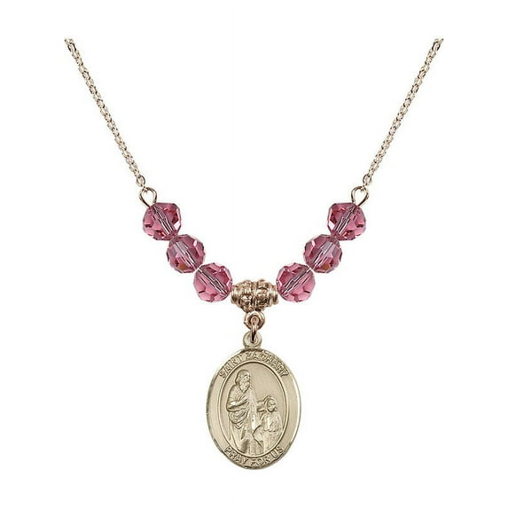 18-Inch Hamilton Gold Plated Necklace with 6mm Rose Pink October Birth Month Stone Beads and Saint Zachary Charm