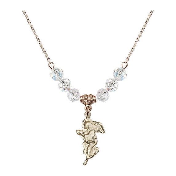 18-Inch Hamilton Gold Plated Necklace with 6mm White April Birth Month Stone Beads and Guardian Angel Charm