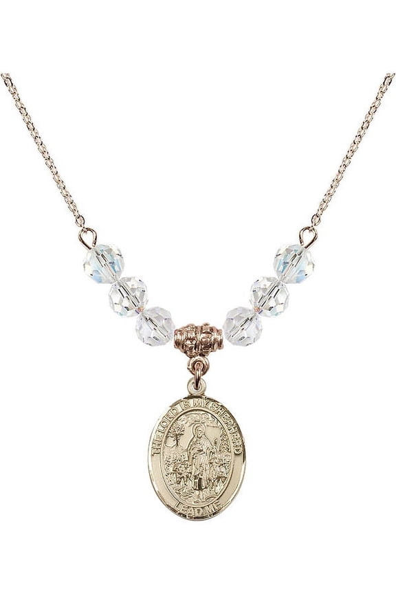 18-Inch Hamilton Gold Plated Necklace with 6mm White April Birth Month Stone Beads and Lord Is My Shepherd Charm
