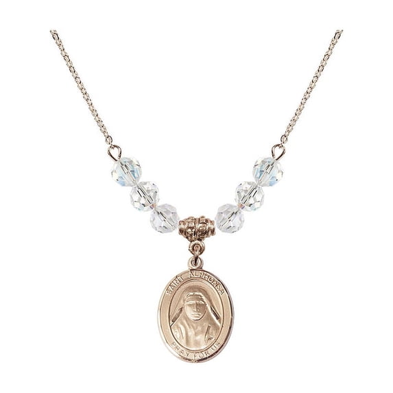 18-Inch Hamilton Gold Plated Necklace with 6mm White April Birth Month Stone Beads and Saint Alphonsa of India Charm