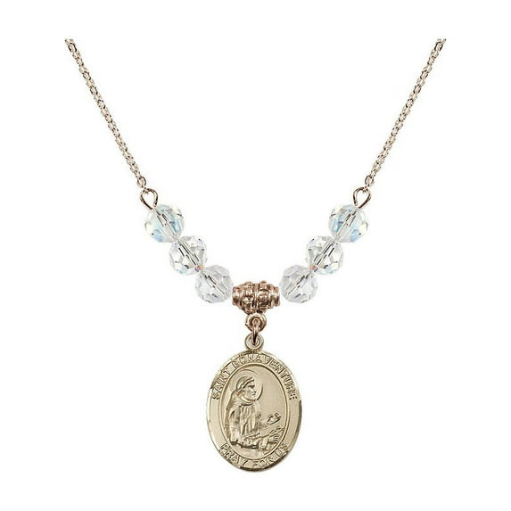 18-Inch Hamilton Gold Plated Necklace with 6mm White April Birth Month Stone Beads and Saint Bonaventure Charm