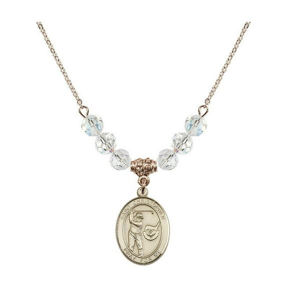 18-Inch Hamilton Gold Plated Necklace with 6mm White April Birth Month Stone Beads and Saint Christopher/Golf Charm