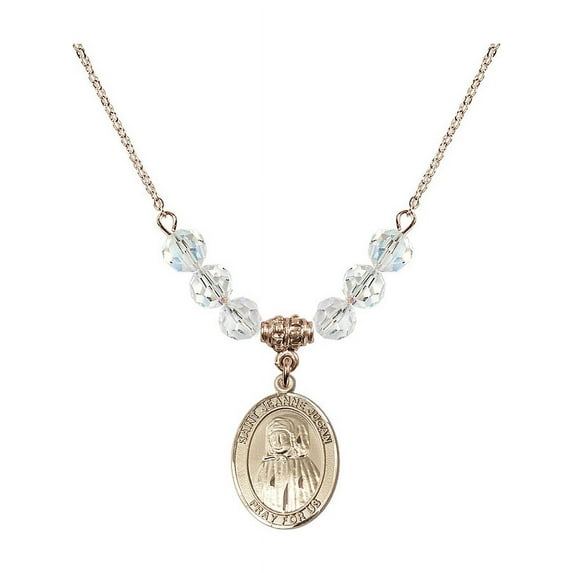 18-Inch Hamilton Gold Plated Necklace with 6mm White April Birth Month Stone Beads and Saint Jeanne Jugan Charm