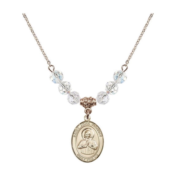 18-Inch Hamilton Gold Plated Necklace with 6mm White April Birth Month Stone Beads and Saint John Vianney Charm