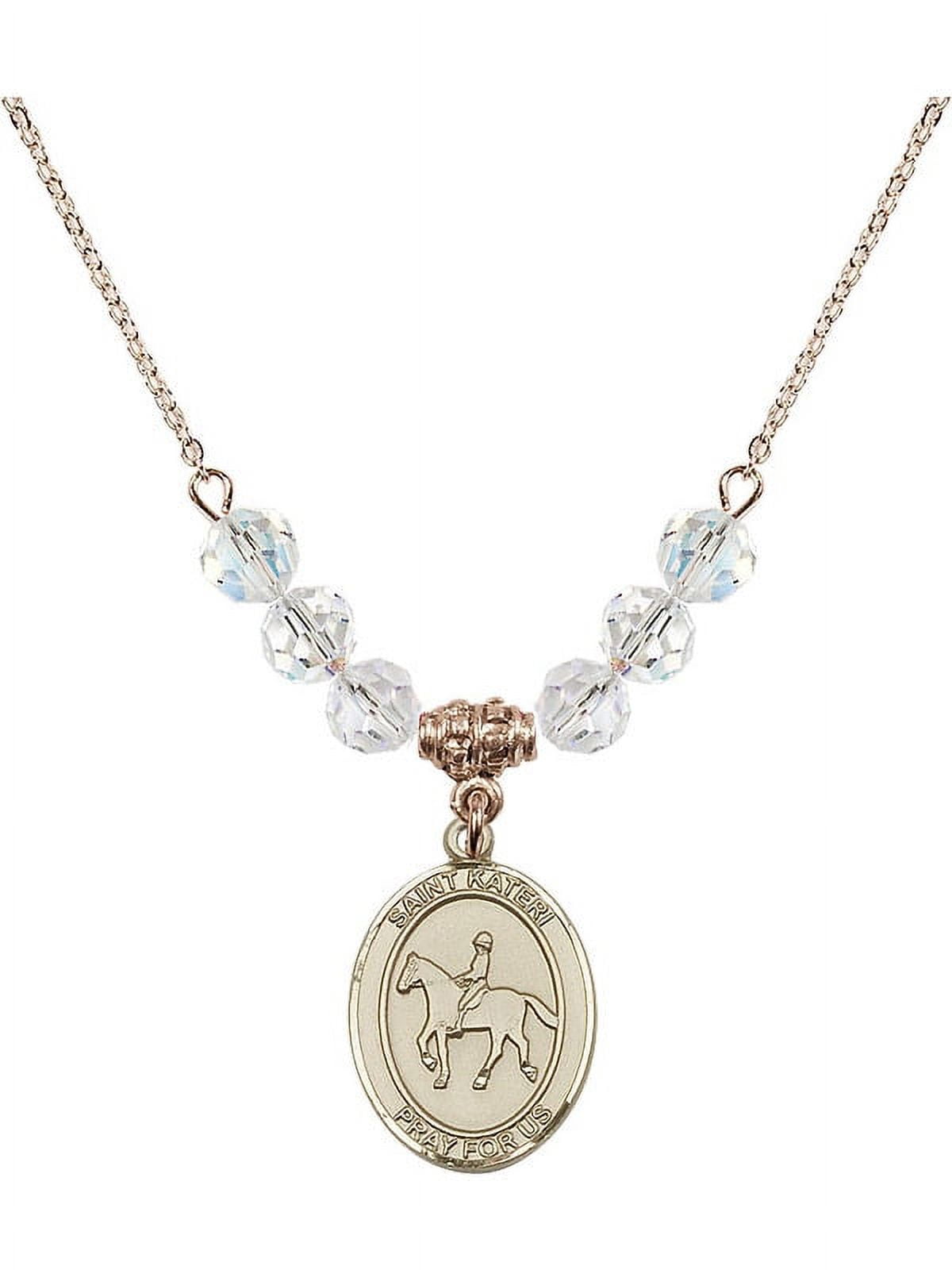 18-Inch Hamilton Gold Plated Necklace with 6mm White April Birth Month Stone Beads and Saint Kateri/Equestrian Charm