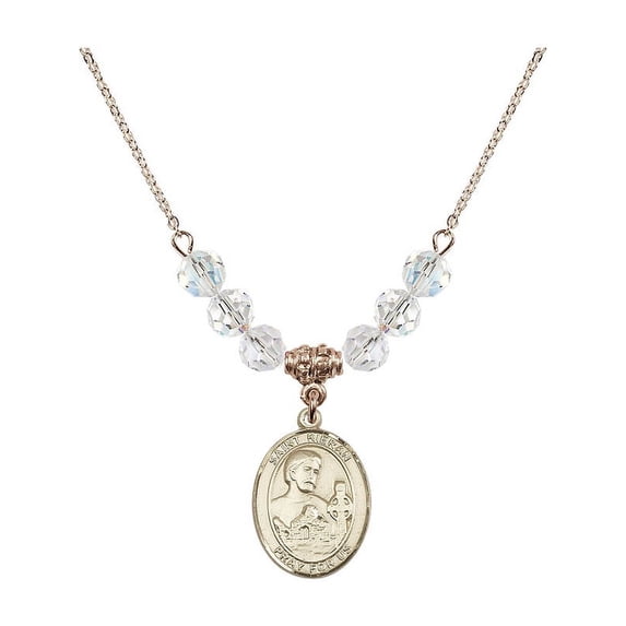 18-Inch Hamilton Gold Plated Necklace with 6mm White April Birth Month Stone Beads and Saint Kieran Charm