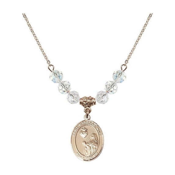 18-Inch Hamilton Gold Plated Necklace with 6mm White April Birth Month Stone Beads and Saint Margaret Mary Alacoque Charm