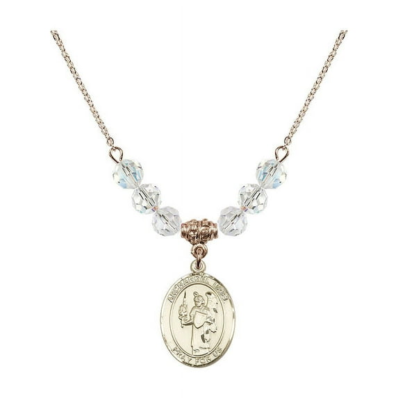 18-Inch Hamilton Gold Plated Necklace with 6mm White April Birth Month Stone Beads and Saint Uriel the Archangel Charm