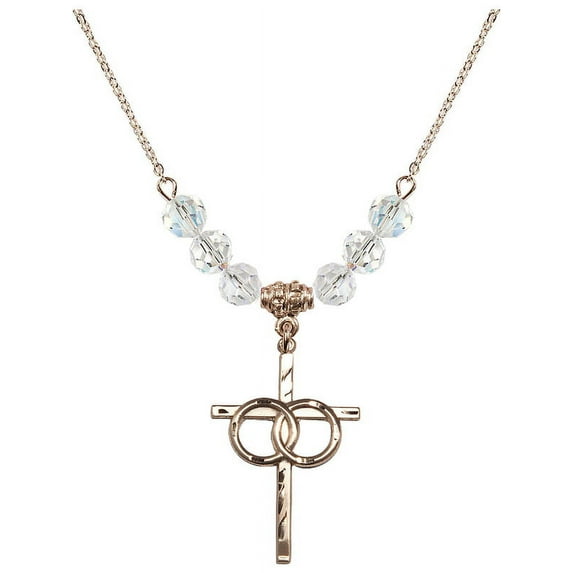 18-Inch Hamilton Gold Plated Necklace with 6mm White April Birth Month Stone Beads and Wedding Rings Cross Charm