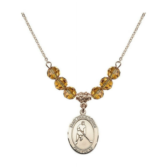 18-Inch Hamilton Gold Plated Necklace with 6mm Yellow November Birth Month Stone Beads and Saint Christopher/Ice Hockey Charm