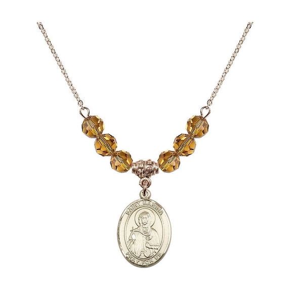 18-Inch Hamilton Gold Plated Necklace with 6mm Yellow November Birth Month Stone Beads and Saint Marina Charm