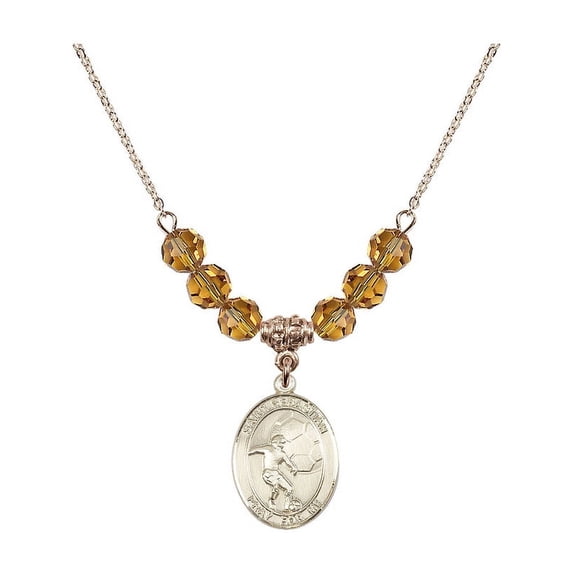 18-Inch Hamilton Gold Plated Necklace with 6mm Yellow November Birth Month Stone Beads and Saint Sebastian / Soccer Charm
