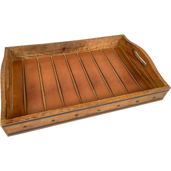 18 Inch Handcrafted Rectangular Mango Wood Decorative Serving Tray, Rivet Accents, Metal Trim, Natural Brown - Saltoro Sherpi