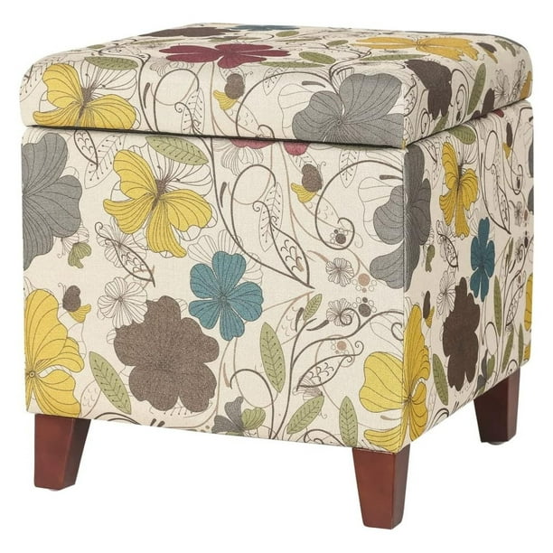 18 Inch High Cube Ottoman Storage, Floral Printed Linen Chair Foot Stools, Upholstered Vanity Stool with Hinged Lid, Solid Wood Legs