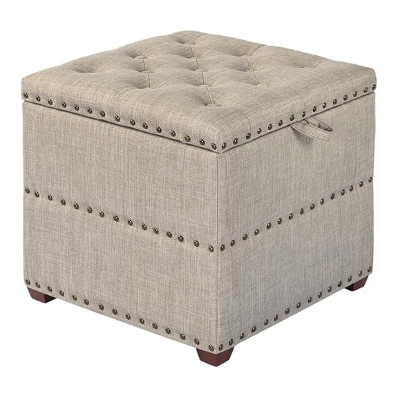 18 Inch High Cube Ottoman Storage, Linen Beige Chair Foot Stools with Tray, Upholstered Vanity Stool with Solid Wood Legs