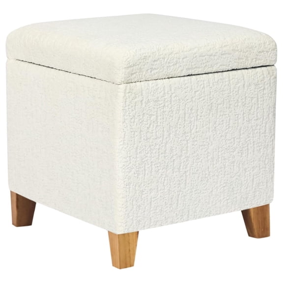 18 Inch White Faux Fur Cube Ottoman with Storage, 3D Embossed Upholstered Footstool, Solid Wood Legs, Hinged Lid Vanity Stool, Compact Foot Rest for Bedroom Living Room