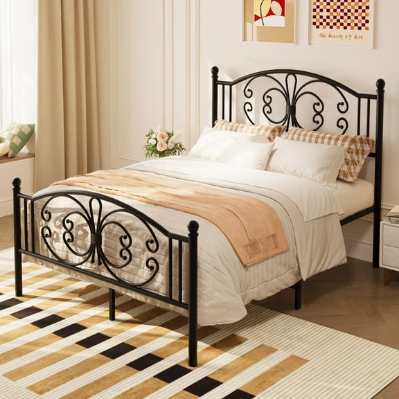 18-Inch High Queen Bed Frame Metal Platform Bed with Butterfly Pattern Design and Ample Underbed Storage - Sturdy, Durable, and Easy Assembly(Black)