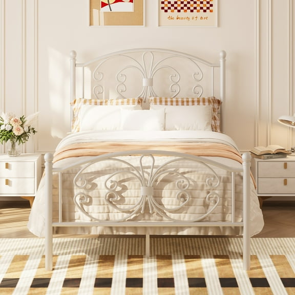 18-Inch High Queen Bed Frame Metal Platform Bed with Butterfly Pattern Design and Ample Underbed Storage - Sturdy, Durable, and Easy Assembly(White)