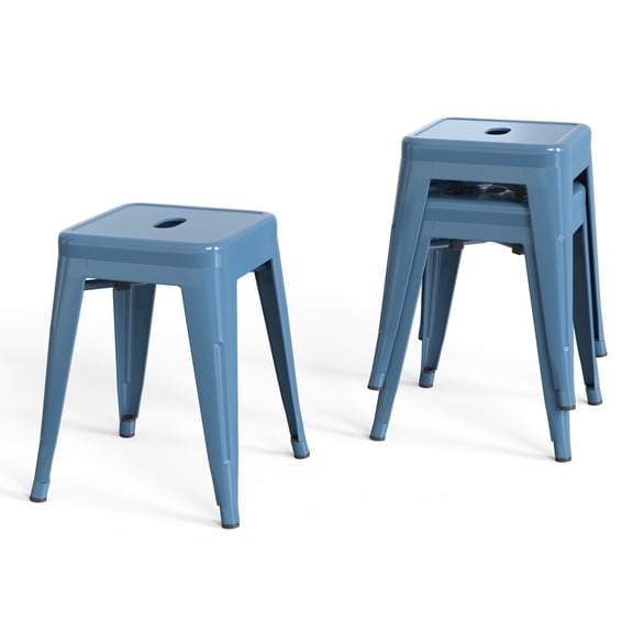 18 Inch Industrial Metal Bar Stools Set of 2, Stackable Indoor/Outdoor Stackable Kitchen Dining Chair, Backless Kitchen Short Stools (Dark Blue)