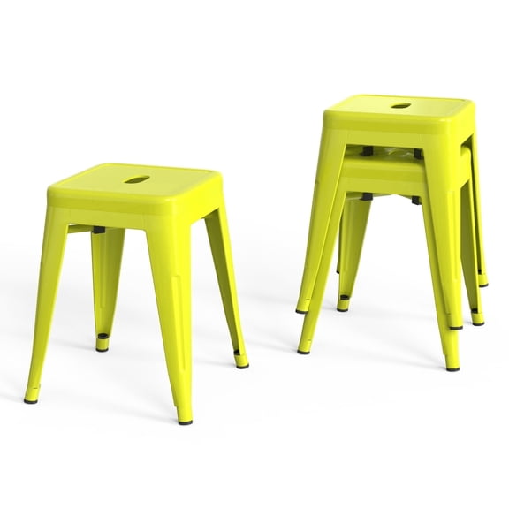 18 Inch Industrial Metal Bar Stools Set of 2, Stackable Indoor/Outdoor Stackable Kitchen Dining Chair, Backless Kitchen Short Stools (Mustard Green)