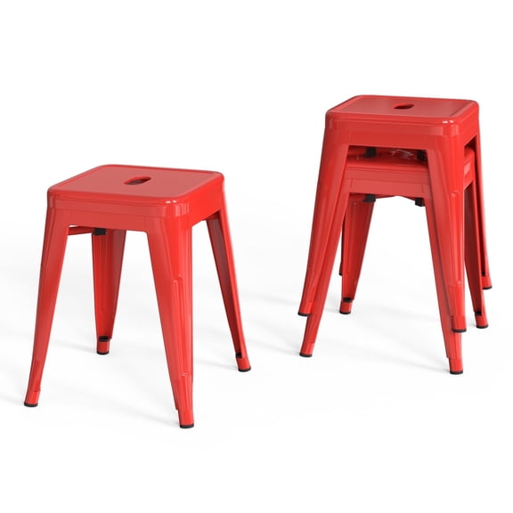 18 Inch Industrial Metal Bar Stools Set of 2, Stackable Indoor/Outdoor Stackable Kitchen Dining Chair, Backless Kitchen Short Stools (Red)