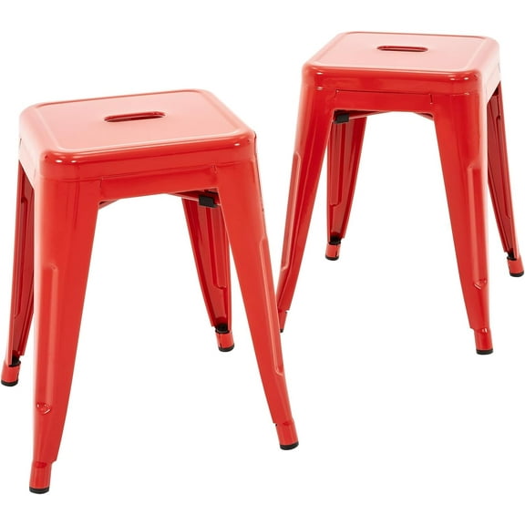 18 Inch Industrial Metal Stools Set of 2, Short Stackable Classroom Stools, Backless Metal Dining Chairs for Indoor Outdoor Kitchen (Red)