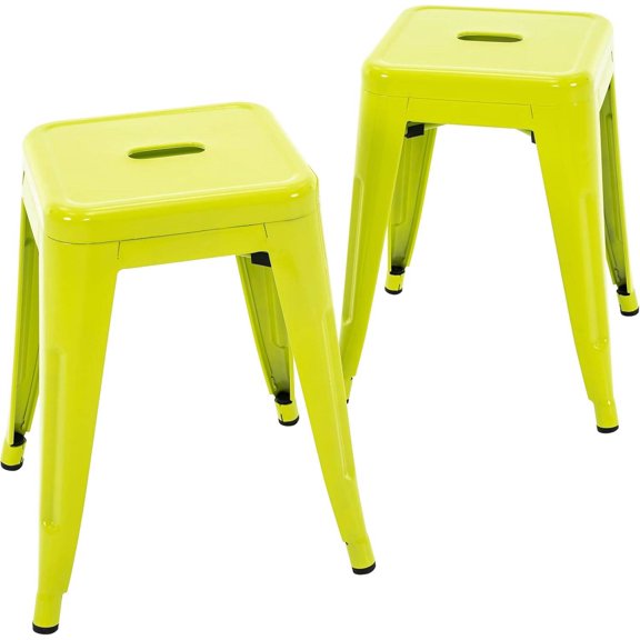 18 Inch Industrial Metal Stools Set of 2, Stackable Backless Dining Chairs for Indoor or Outdoor Use (Lime Green)