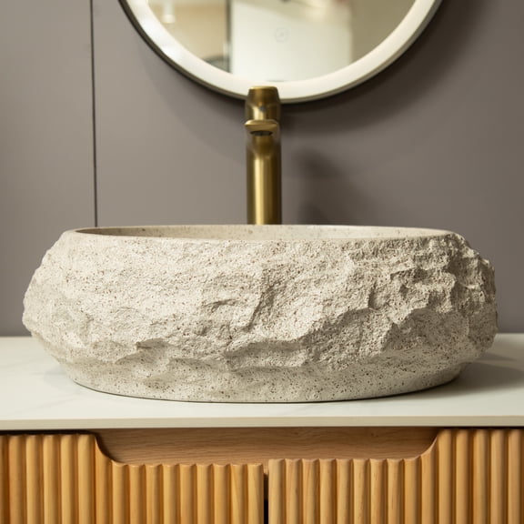 18 Inch Irregular Oval Resin Vessel Sink Stone Pattern Artistic Basin Beige