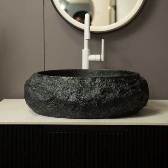 18 Inch Irregular Oval Resin Vessel Sink Stone Pattern Artistic Basin Dark Gray