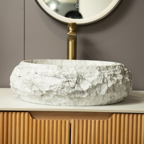 18 Inch Irregular Oval Resin Vessel Sink Stone Pattern Artistic Basin Ivory