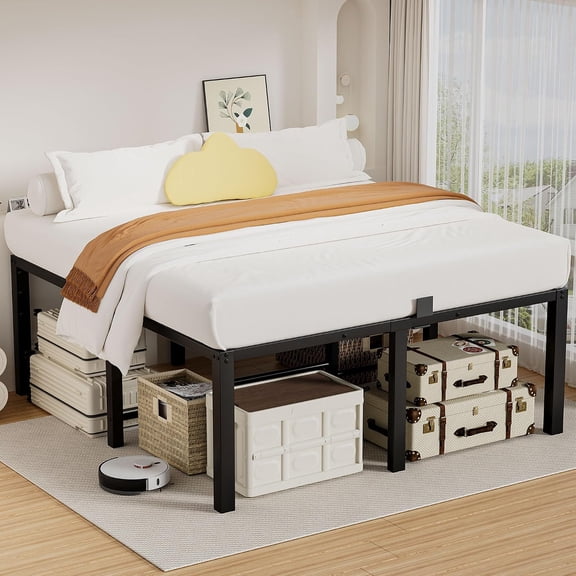18 Inch King High Bed Frame with Under-Bed Storage Space, 3500 LBS Heavy Duty Metal Tall Platform Bed Frame King Size, Sturdy Steel Support, No Box Spring Needed, Noise Free, Easy Assembly, Black